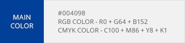 main color:#004098, RGB color-R0+G64+B152, CMYK color-C100+M86+Y8+K1 / sub color:#231816, RGB color-R:35+G:24+B:22, CMYK color-C64+M70+Y68+K79