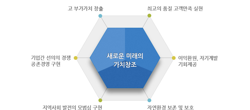 고 부가가치 창출, 최고의 품질 고객만족 실현, 이익환원, 자기계발 기회제공, 자연환경 보존 및 보호, 지역사회 발전의 모범심 구현, 기업간 선의의 경쟁 공존경영 구현, 새로운 미래의 가치창조
